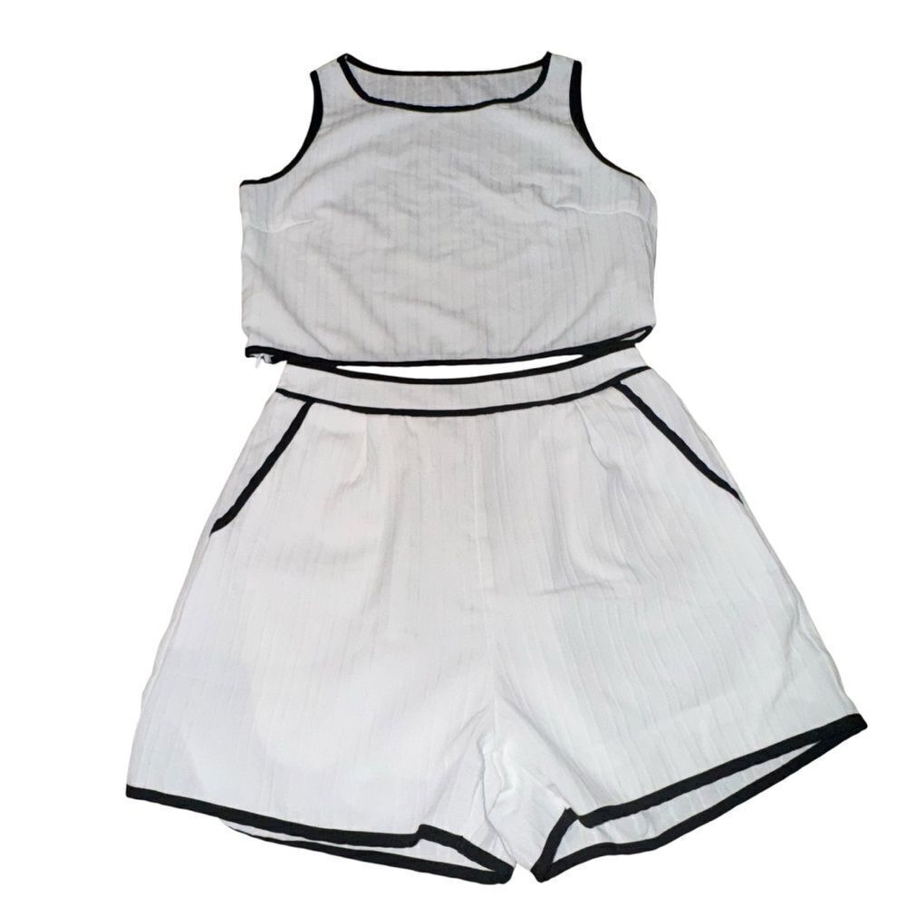 Black and White Piped Matching Two Piece Set Shorts & Tank Top